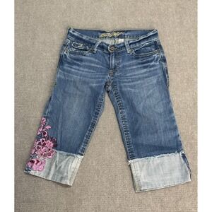 Old‎ Navy Jeans Womens 4 Blue Capri Cuffed Floral Embroidered Raw Hem Cropped